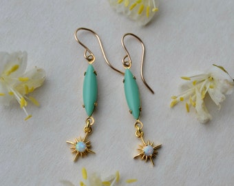 Narrow mint green earrings with glass opal gold star vintage glass & gold filled hooks, Spring pastel palette dainty wedding event jewellery
