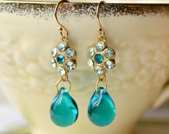 Teal teardrop earrings with crystal flower charms & gold filled hooks, Transparent ocean green tear drops mermaid floral summer spring