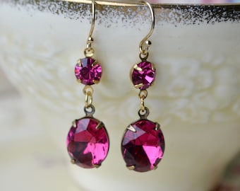 Fuchsia crystal earrings with vintage glass oval stones & gold filled hooks, Sparkly magenta dark pink beads, Deep vibrant colourful drops