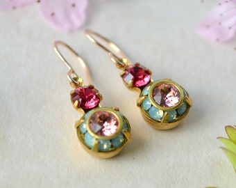 Pink & green crystal earrings, Estate style sparkly elegant jewellery glamorous vintage style accessories for spring summer gift bridesmaid