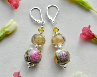 Beautiful floral lampwork earrings in pink, purple & yellow with sterling silver leverbacks, Artisan glass bead jewellery garden lover gift