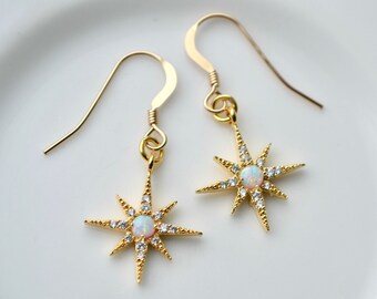 Gold Star Opal Effect Earrings: Cubic Zirconia Celestial Jewelry