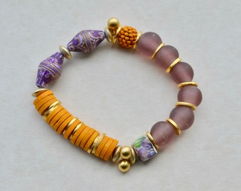 Yellow & purple stretch bracelet with wood, glass and artisan beads, Easy to wear stretch boho colourful summer wardrobe stacking jewellery