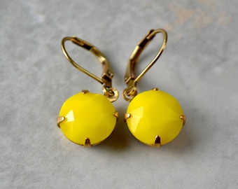 Lemon Yellow Earrings, Small Round Earrings, Vintage Glass Earrings, Yellow Jewellery, Brass Leverback Drop Earrings, Yellow Gift, For Her