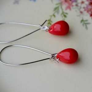 Bright red earrings, Red dangle earrings, Long red earrings, Red teardrop earrings, Red glass earrings, UK jewellery image 6