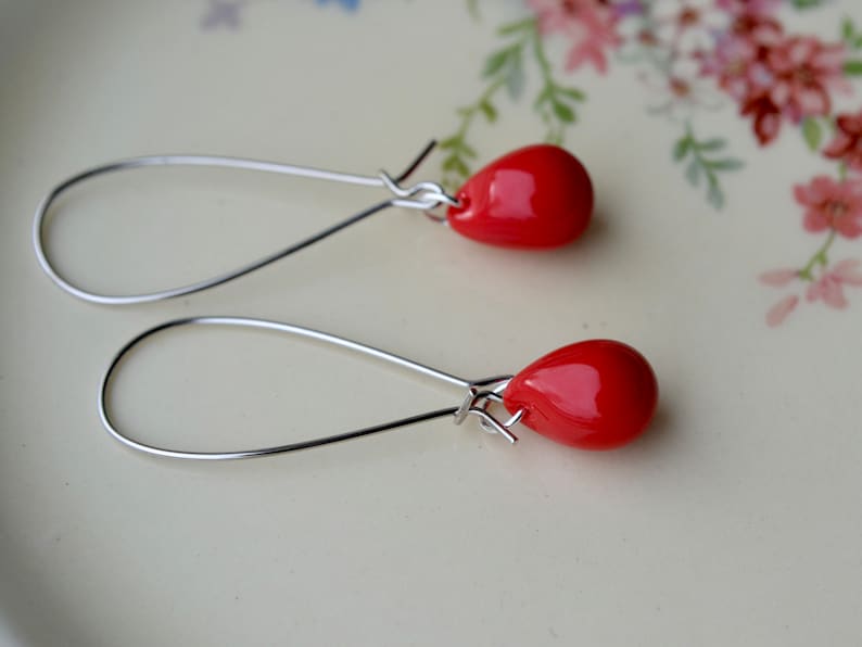 Bright red earrings, Red dangle earrings, Long red earrings, Red teardrop earrings, Red glass earrings, UK jewellery image 6