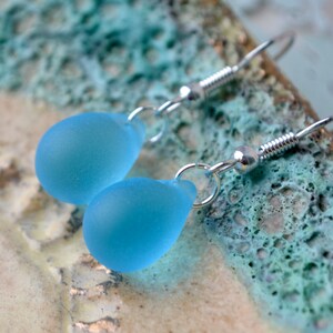 Bright blue teardrop earrings with seaglass effect beads, Silver-plated hooks image 6