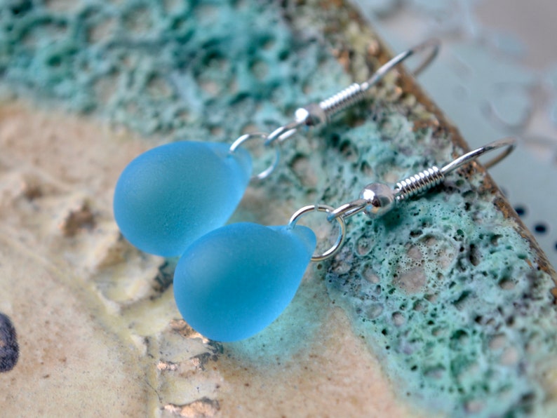 Bright blue teardrop earrings with seaglass effect beads, Silver-plated hooks image 6