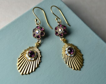 Large fan earrings with golden brass ribbed drops & amethyst burgundy crystals, Gold vermeil hooks, Vintage style wedding statement gift