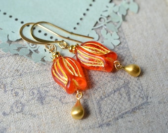 Orange tulip earrings with gold vermeil teardrops & Czech glass flowers, Gold-plated hooks, Colourful summer jewellery floral wedding gift