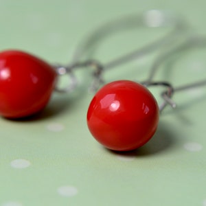 Bright red earrings, Red dangle earrings, Long red earrings, Red teardrop earrings, Red glass earrings, UK jewellery image 7