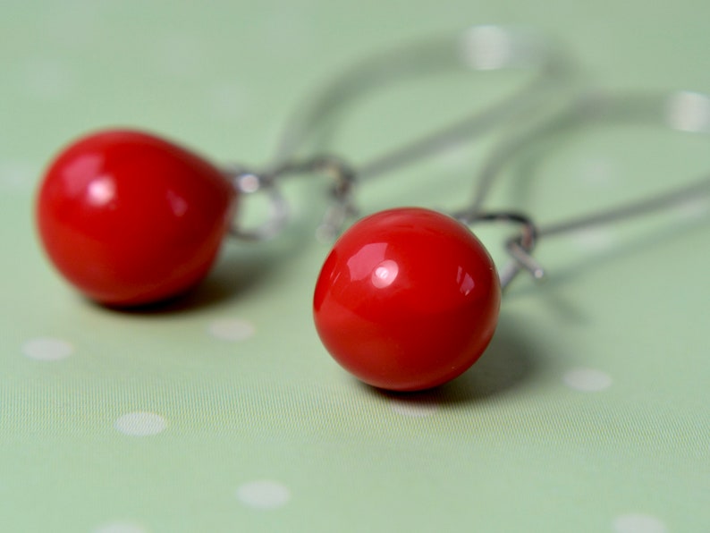 Bright red earrings, Red dangle earrings, Long red earrings, Red teardrop earrings, Red glass earrings, UK jewellery image 7