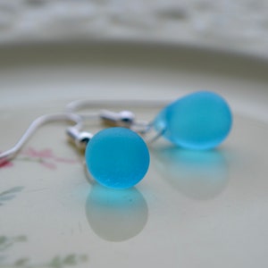 Bright blue teardrop earrings with seaglass effect beads, Silver-plated hooks image 5