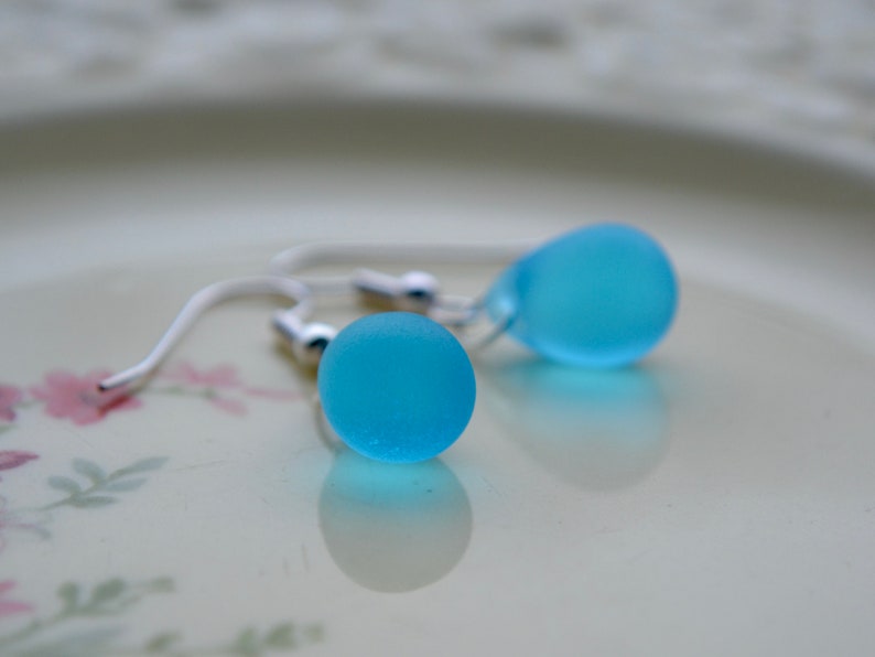 Bright blue teardrop earrings with seaglass effect beads, Silver-plated hooks image 5