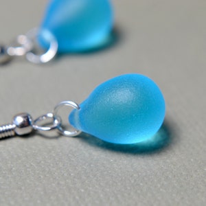 Bright blue teardrop earrings with seaglass effect beads, Silver-plated hooks image 8