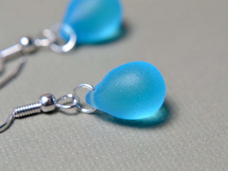 Bright blue teardrop earrings with seaglass effect beads, Silver-plated hooks image 8