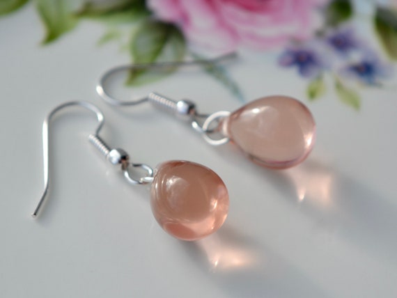 Peach glass teardrop earrings with silver-plated hooks, Pale drop beads, Wedding outfit
