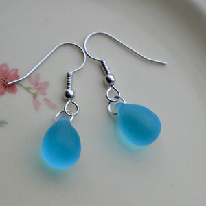 Bright blue teardrop earrings with seaglass effect beads, Silver-plated hooks image 2