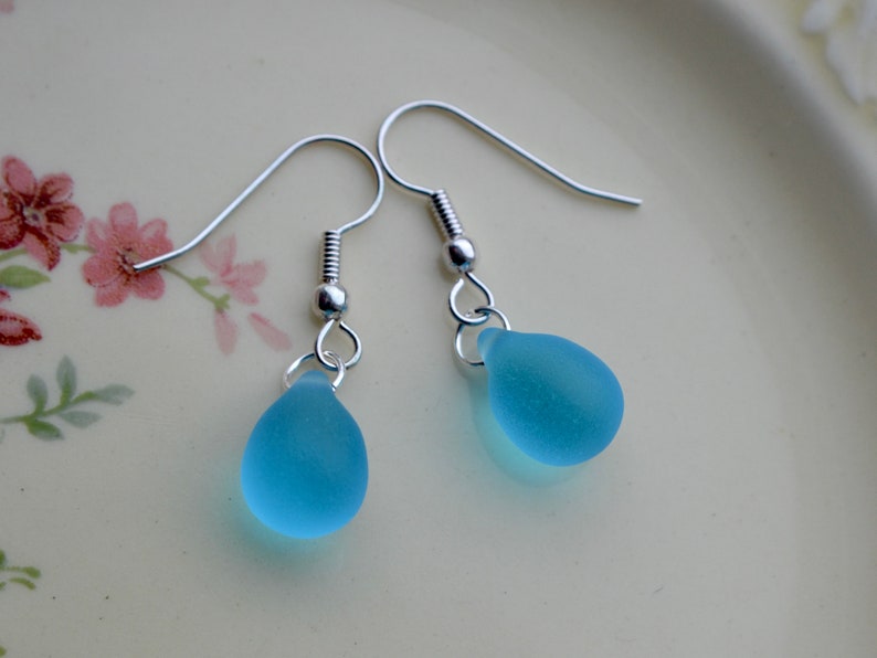 Bright blue teardrop earrings with seaglass effect beads, Silver-plated hooks image 2