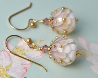 Lampwork lotus earrings in pale pink & white, Handmade artisan glass beads gold vermeil hooks, Spring floral jewellery Wedding bridal gift