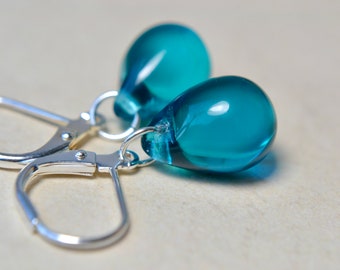 Teal glass teardrop earrings with silver-plated lever backs