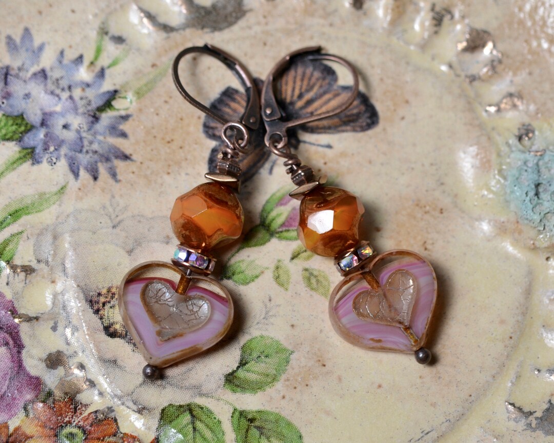Large Pink & Orange Heart Earrings With Czech Glass and Etsy UK