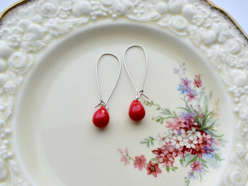 Bright red earrings, Red dangle earrings, Long red earrings, Red teardrop earrings, Red glass earrings, UK jewellery image 3