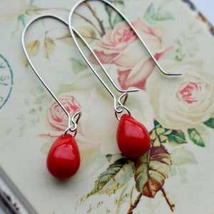 Bright red earrings, Red dangle earrings, Long red earrings, Red teardrop earrings, Red glass earrings, UK jewellery image 8