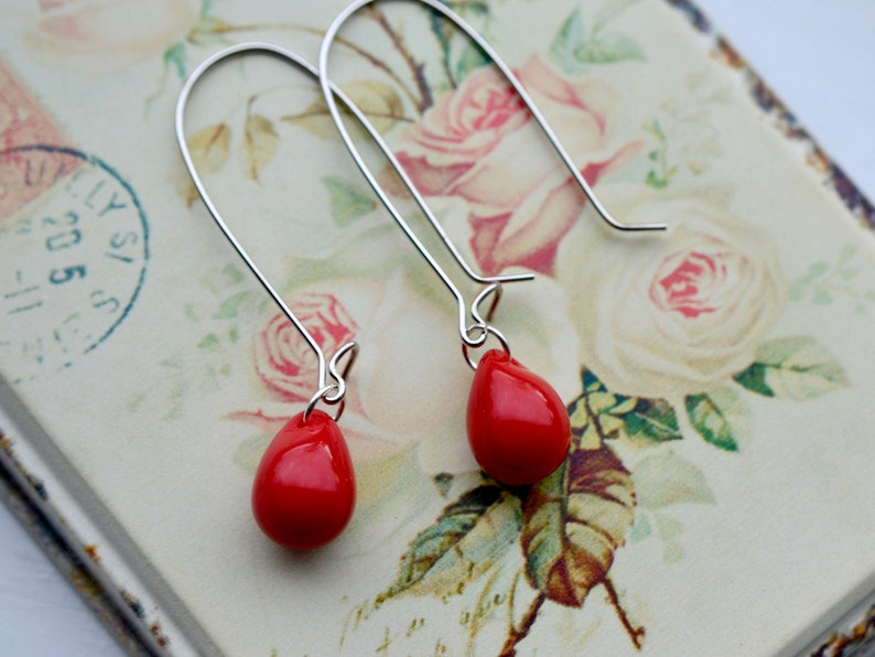 Bright red earrings, Red dangle earrings, Long red earrings, Red teardrop earrings, Red glass earrings, UK jewellery image 8