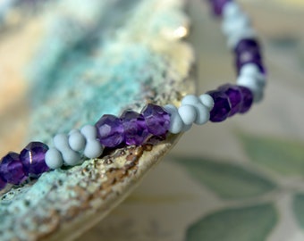 Dainty amethyst bracelet with blue glass, Sterling silver clasp & heart charm, Slim purple gem bracelet, February birthstone birthday gift