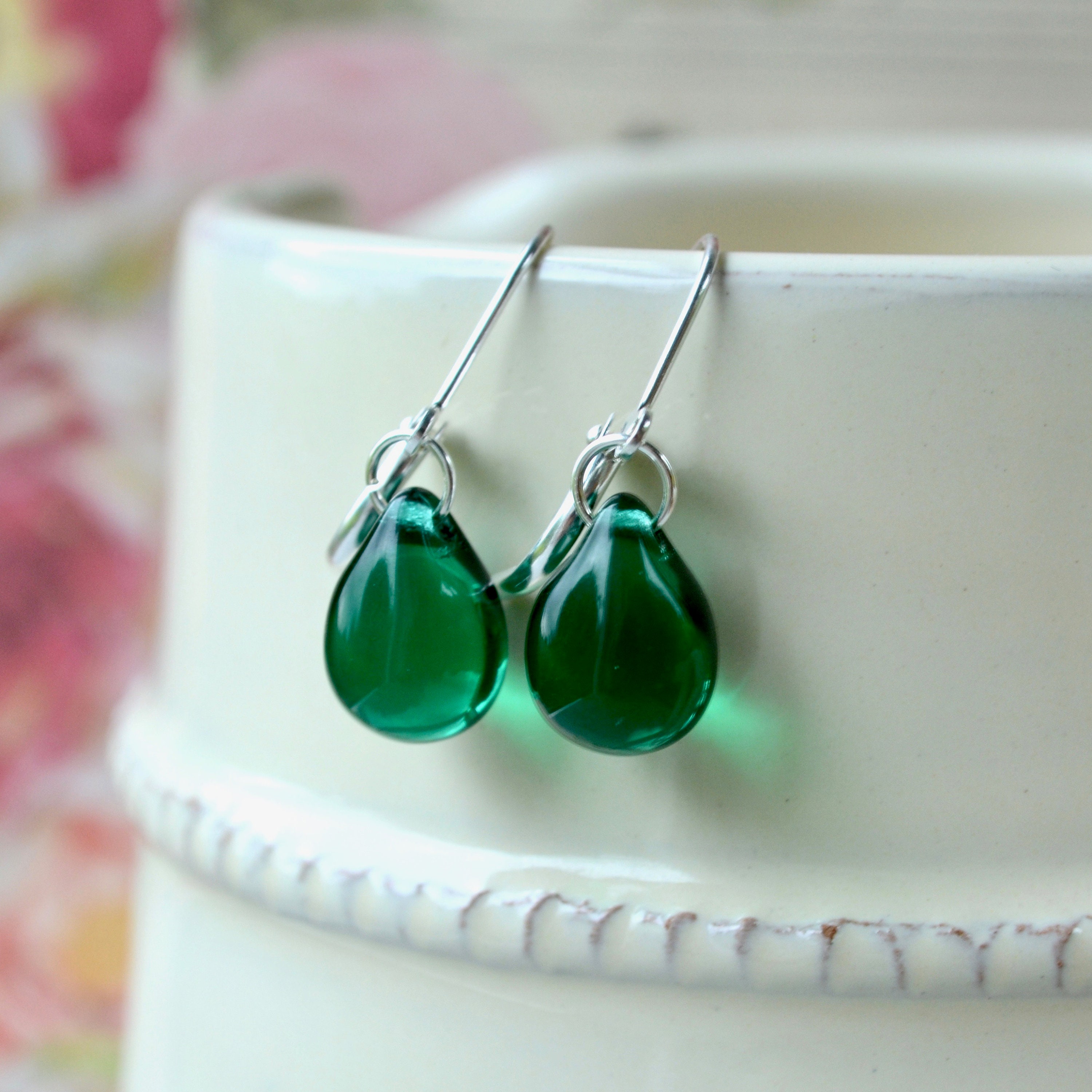 Green drop earrings Dark green earrings Tear drop earrings | Etsy