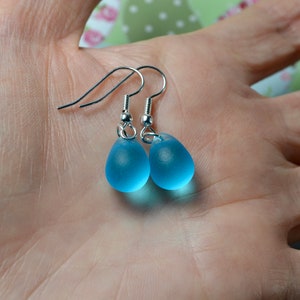 Bright blue teardrop earrings with seaglass effect beads, Silver-plated hooks image 9