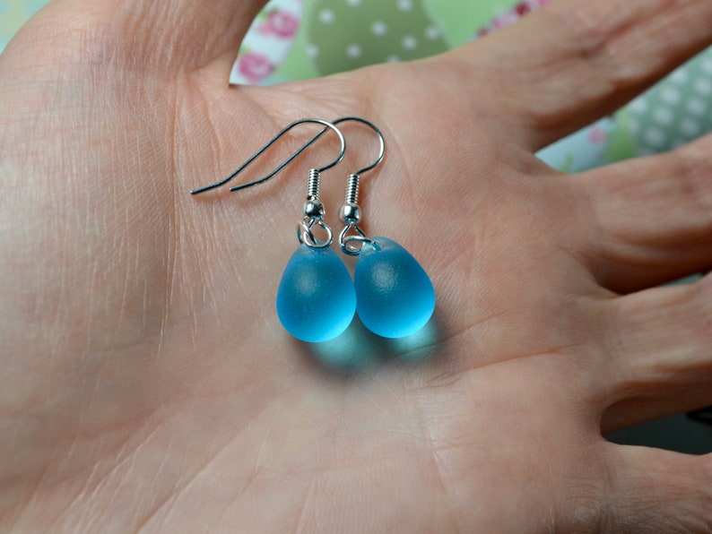 Bright blue teardrop earrings with seaglass effect beads, Silver-plated hooks image 9