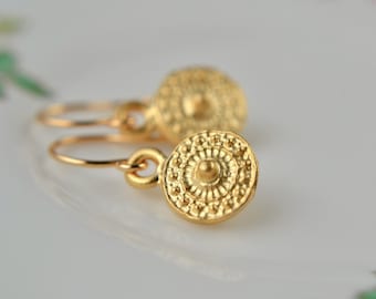 Dainty gold disc earrings, Petite drops with tribal or ethnic embossed pattern, Summer festival jewellery