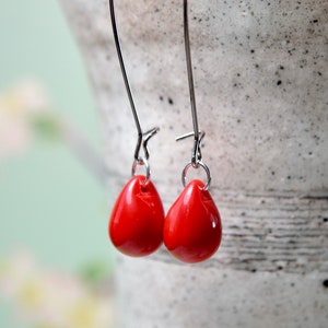 Bright red earrings, Red dangle earrings, Long red earrings, Red teardrop earrings, Red glass earrings, UK jewellery image 2