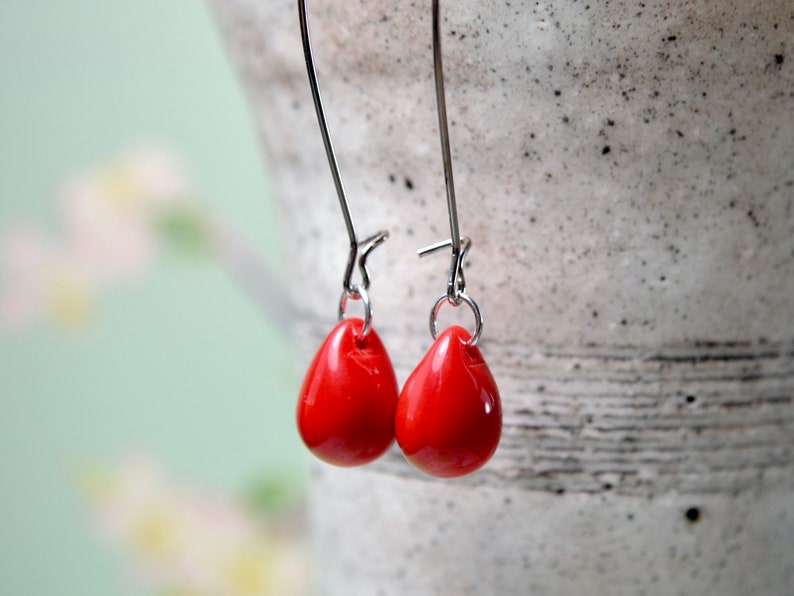 Bright red earrings, Red dangle earrings, Long red earrings, Red teardrop earrings, Red glass earrings, UK jewellery image 2