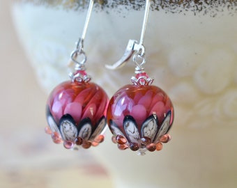 Lampwork floral earrings in dark pink white & black, Artisan glass dahlia lotus beads, Sterling silver leverback, Spring summer jewellery