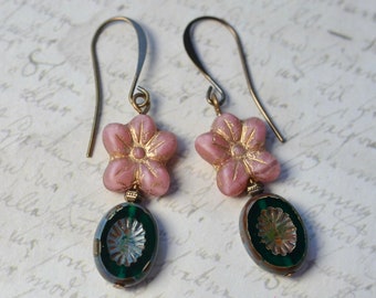 Dusky pink flower & dark teal oval earrings with Czech glass beads and antique brass hooks, Fun floral jewellery, Colourful pansy drops
