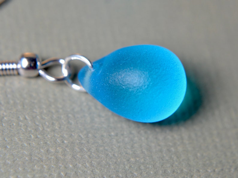 Bright blue teardrop earrings with seaglass effect beads, Silver-plated hooks image 3