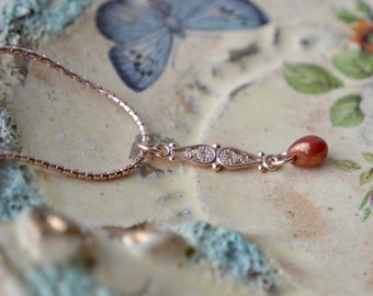 Rose gold vermeil scroll and teardrop pendant, Unusual marcasite connector & dainty glass drop, Elegant slinky chain, Rose gold jewellery