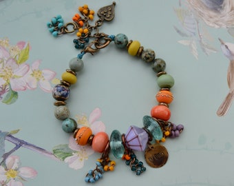 Colourful artisan bead bracelet with handmade lampwork & gemstones, Orange aqua violet green, Dangly charms, Bohemian gypsy wish bracelet