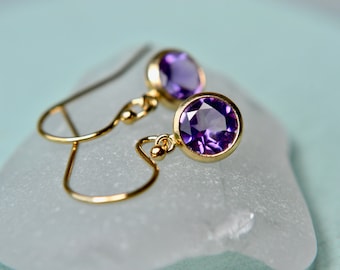 Dainty tiny amethyst earrings with gold fill, February birthstone jewellery, Purple gemstone jewellery, Faceted gem drop earrings for women