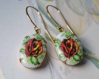 Retro rose earrings with large oval vintage glass set stones & gold-plated hooks, Big floral drops for mothers day spring wedding gift