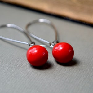 Bright red earrings, Red dangle earrings, Long red earrings, Red teardrop earrings, Red glass earrings, UK jewellery image 5