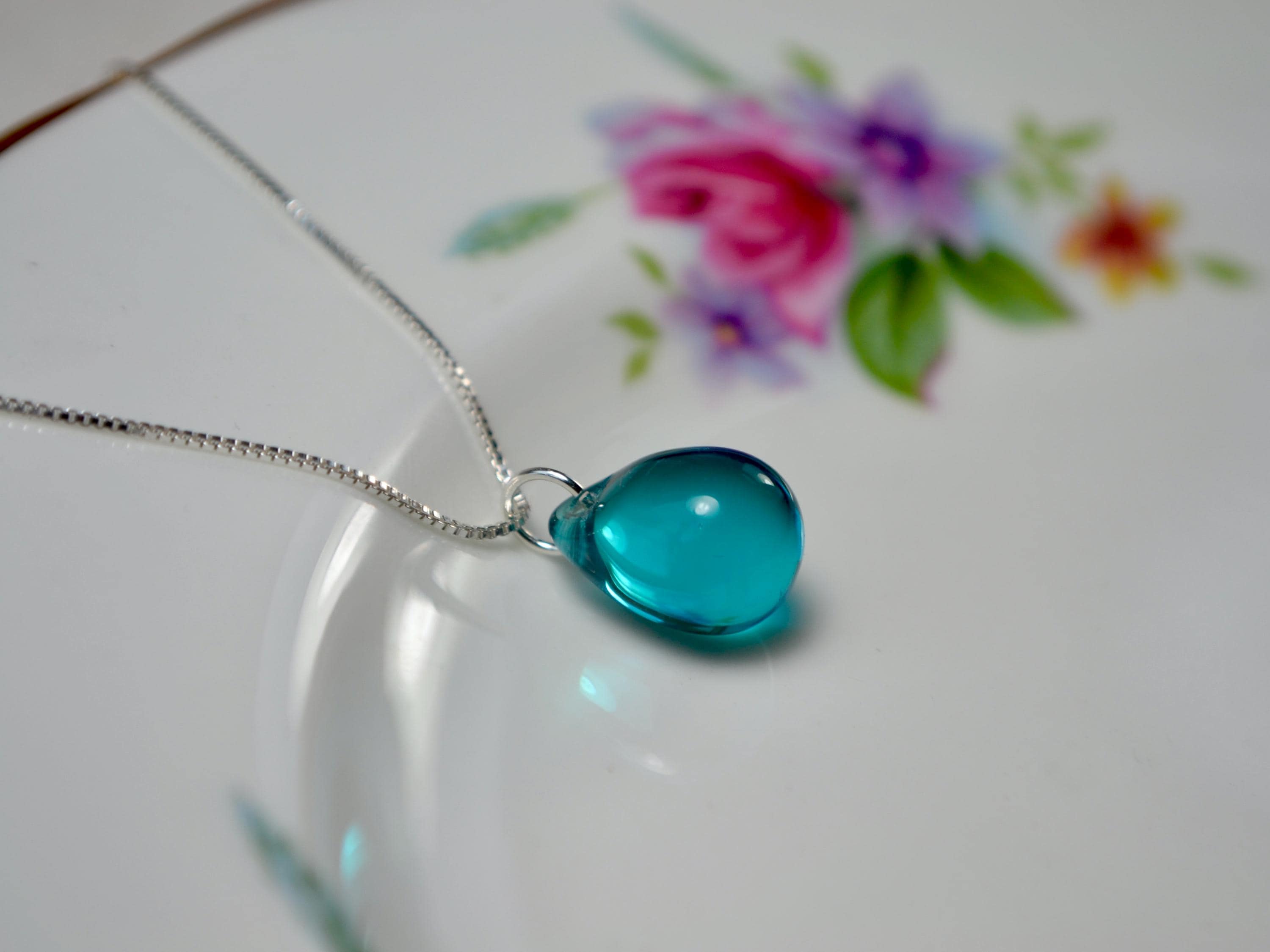 Teal Teardrop Pendant Necklace With Sterling Silver Box Chain 