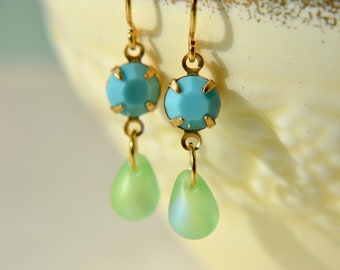 Turquoise & green earrings with petite glass teardrops and crystals, Dainty gold-plated hooks, Spring summer fashion jewellery gift under 15