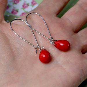 Bright red earrings, Red dangle earrings, Long red earrings, Red teardrop earrings, Red glass earrings, UK jewellery image 9