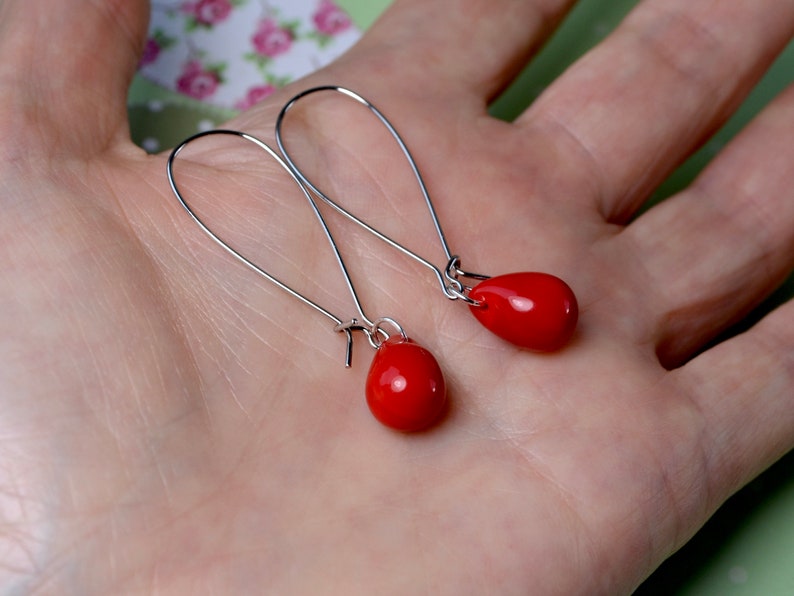 Bright red earrings, Red dangle earrings, Long red earrings, Red teardrop earrings, Red glass earrings, UK jewellery image 9