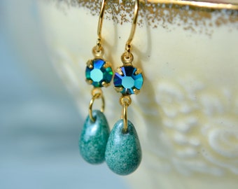 Iridescent blue earrings with tiny crystals & teardrops, Glass bead jewellery dainty small drops, Rainbow silvered teal Mothers day gift