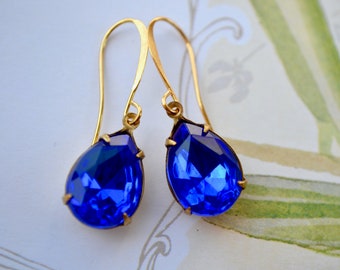 REDUCED Sapphire blue teardrop earrings with vintage glass & gold-plated hooks